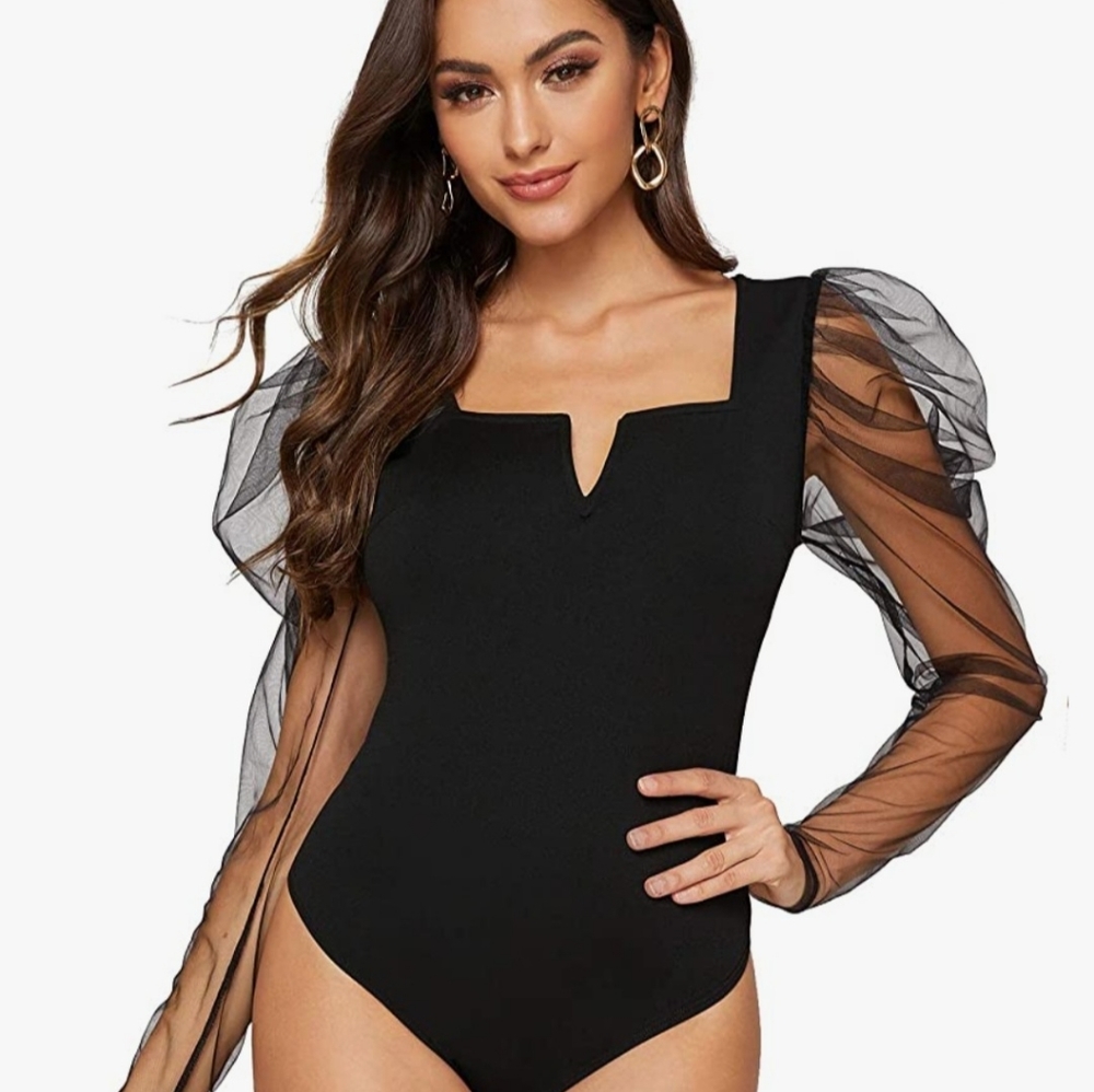 Black body suit with mesh sleeves
